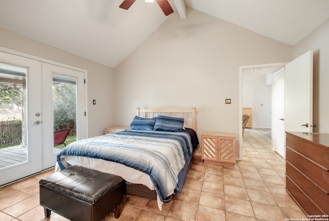 bedroom with french doors, access to exterior, high vaulted ceiling, beamed ceiling, and ceiling fan