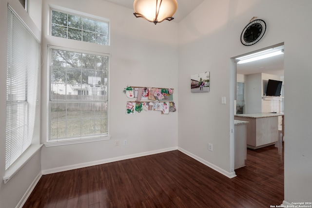 unfurnished dining area featuring dark wood-type flooring and plenty of natural light