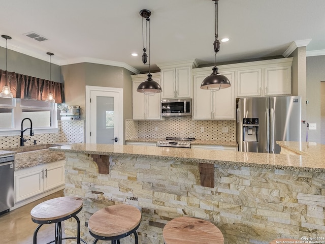 kitchen with stainless steel appliances, a kitchen breakfast bar, light stone countertops, pendant lighting, and decorative backsplash