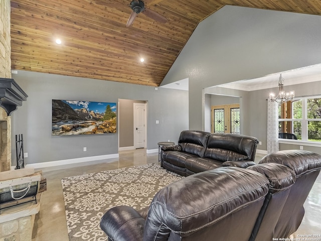 living room with wooden ceiling, ceiling fan with notable chandelier, crown molding, and high vaulted ceiling