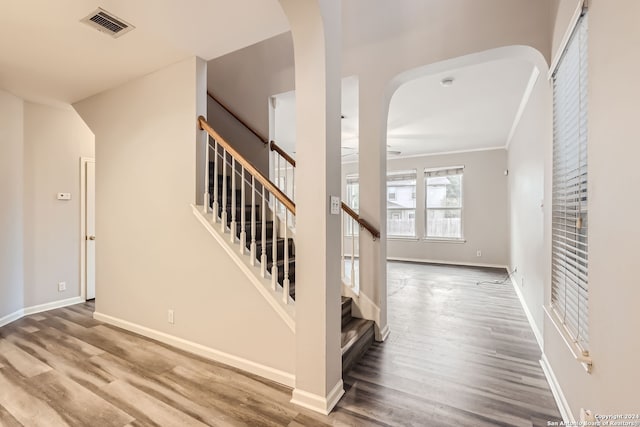 stairway featuring ceiling fan and wood-type flooring