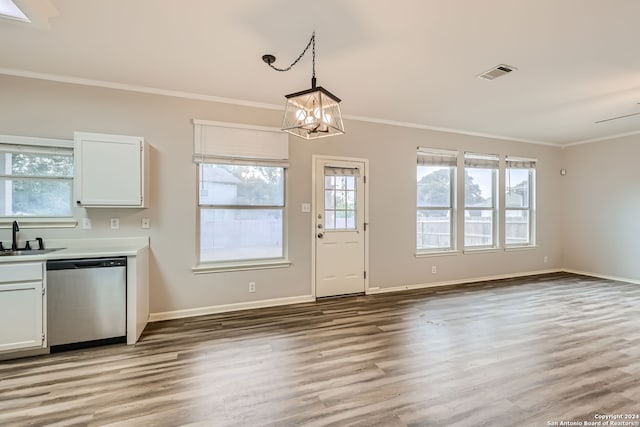 kitchen featuring stainless steel dishwasher, white cabinetry, pendant lighting, and light wood-type flooring