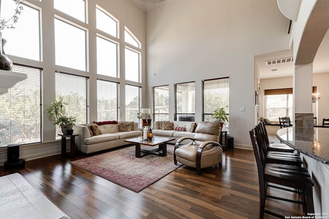 living room featuring dark wood-type flooring and a high ceiling