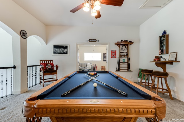 playroom featuring ceiling fan, billiards, and carpet floors