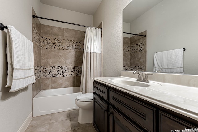 full bathroom with toilet, vanity, shower / bath combo with shower curtain, and tile patterned floors