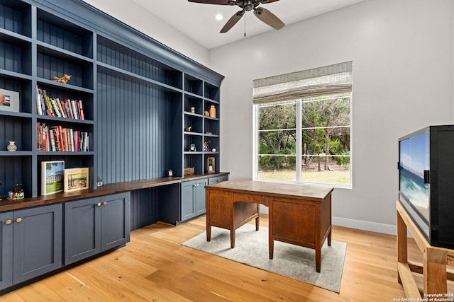 home office featuring light hardwood / wood-style flooring and ceiling fan