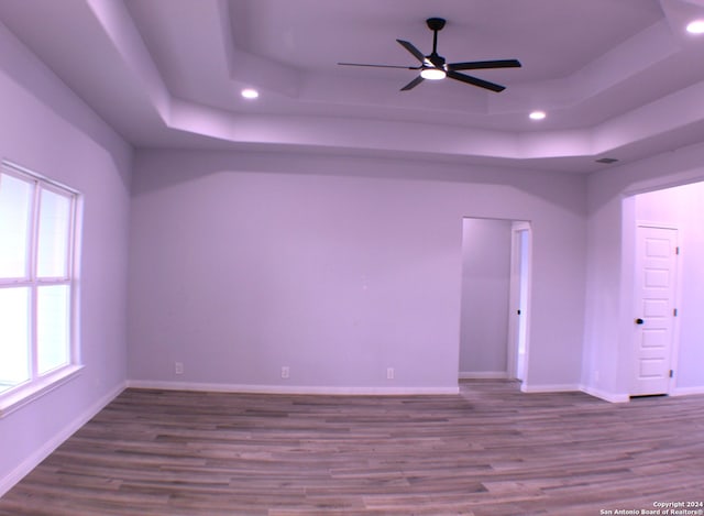 empty room with hardwood / wood-style floors, a raised ceiling, and a healthy amount of sunlight