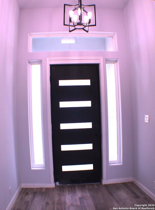 entryway featuring a healthy amount of sunlight, a notable chandelier, and wood-type flooring