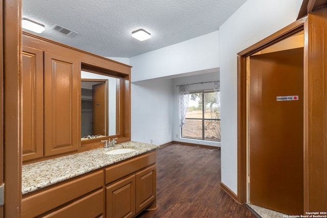 bathroom featuring vanity, a textured ceiling, and hardwood / wood-style flooring