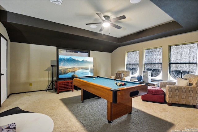 recreation room featuring billiards, light carpet, ceiling fan, and a tray ceiling