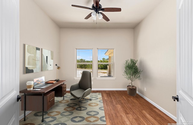 office featuring wood-type flooring and ceiling fan