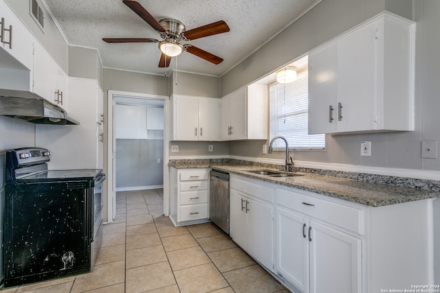 kitchen featuring black electric range oven, light tile patterned floors, sink, white cabinets, and dishwasher