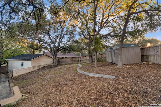 view of yard with a shed