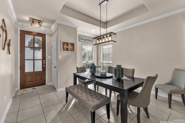 12639 Perini Rnch, San Antonio, TX 78254 - dining space with a raised ceiling, baseboards, ornamental molding, light tile patterned floors, and a chandelier