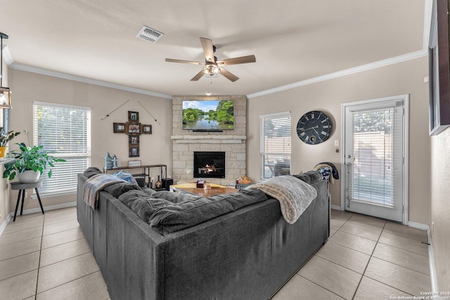 12639 Perini Rnch, San Antonio, TX 78254 - living room with a ceiling fan, light tile patterned floors, baseboards, and ornamental molding