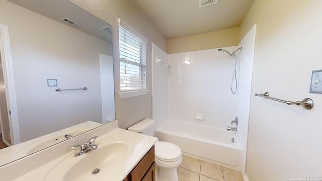 full bathroom featuring vanity, tile patterned flooring, toilet, and tiled shower / bath combo