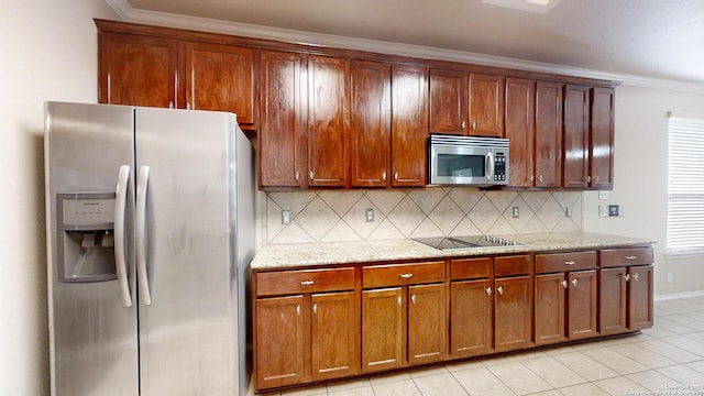 kitchen featuring light stone countertops, decorative backsplash, crown molding, and stainless steel appliances