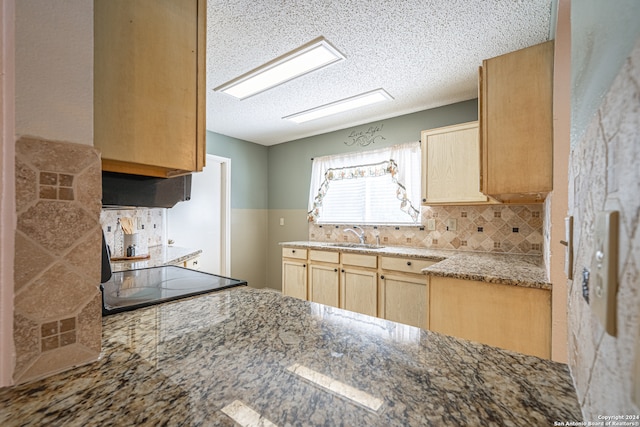 kitchen featuring stove, sink, light brown cabinetry, and tasteful backsplash