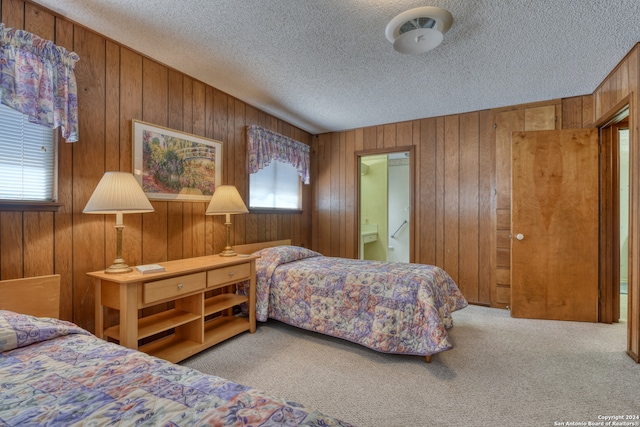 bedroom with wood walls and ensuite bath