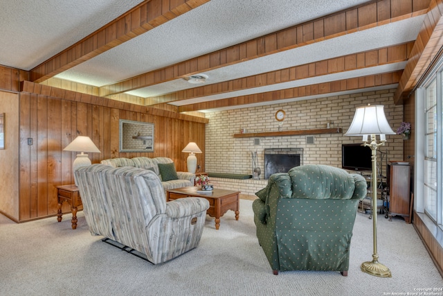 carpeted living room with a textured ceiling, wooden walls, and a healthy amount of sunlight