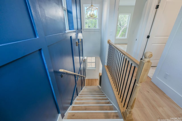 stairs featuring wood-type flooring and an inviting chandelier