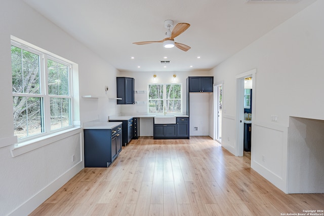 kitchen with light hardwood / wood-style floors, ceiling fan, a healthy amount of sunlight, and sink