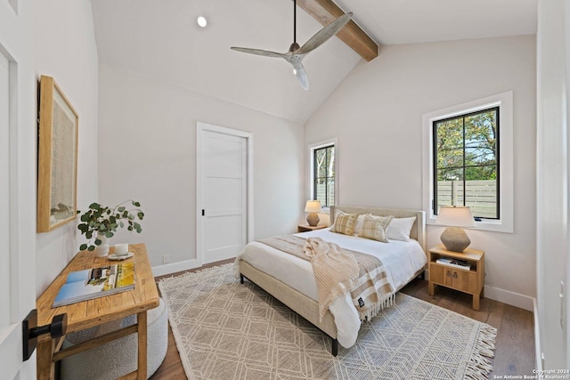 706 W Creek, Fredericksburg, TX 78624 - bedroom featuring ceiling fan, hardwood / wood-style floors, beamed ceiling, and high vaulted ceiling