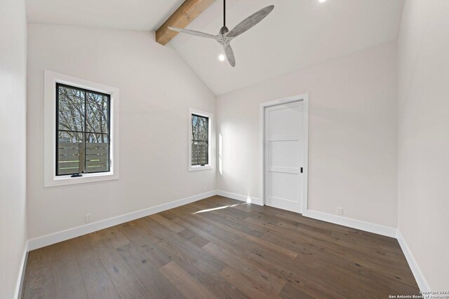 706 W Creek, Fredericksburg, TX 78624 - empty room featuring vaulted ceiling with beams, ceiling fan, and dark wood-type flooring