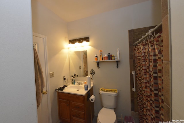 bathroom featuring toilet, vanity, and a shower with shower curtain