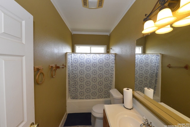 full bathroom with toilet, vanity, shower / bath combination with curtain, and crown molding