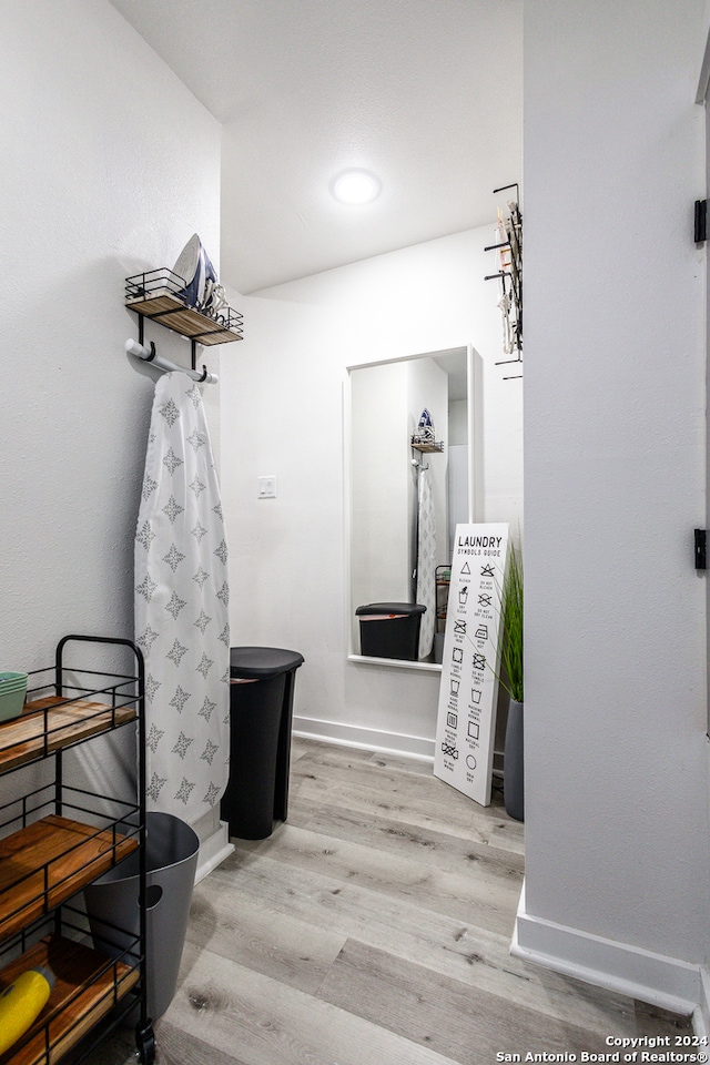 bathroom with wood-type flooring