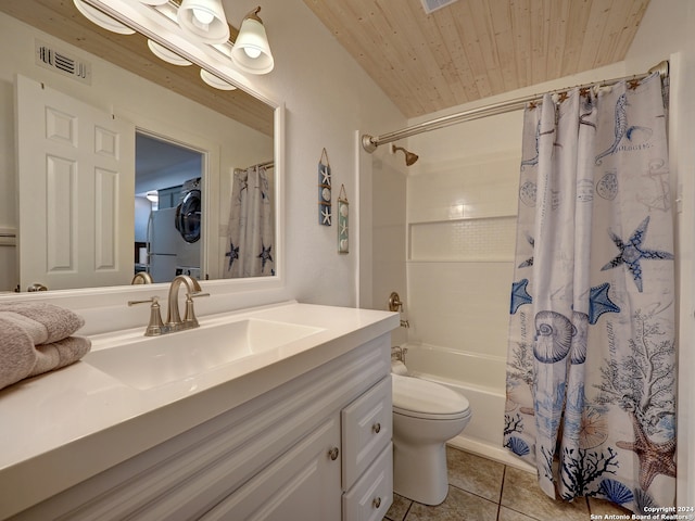 full bathroom featuring vanity, wood ceiling, tile patterned flooring, toilet, and shower / bathtub combination with curtain