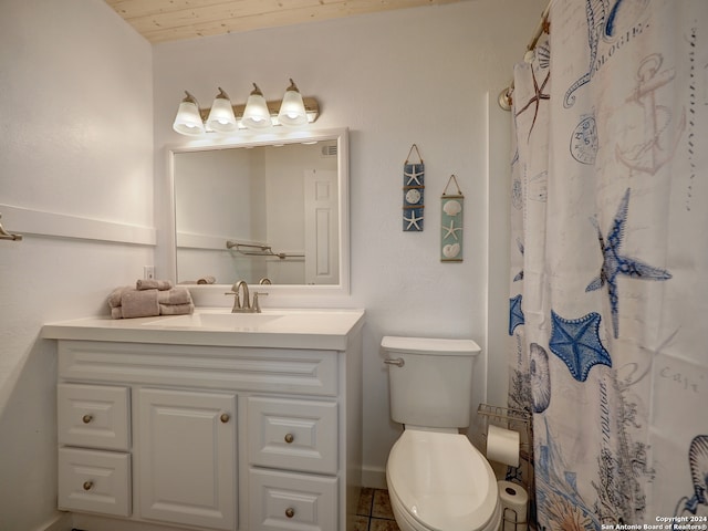 bathroom with toilet, wood ceiling, tile patterned flooring, a shower with curtain, and vanity