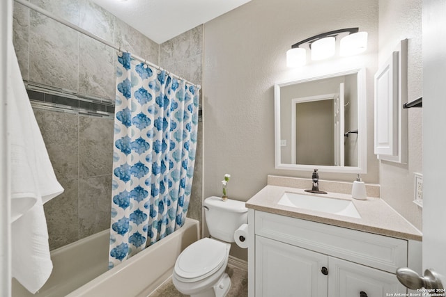 full bathroom with shower / bath combo with shower curtain, vanity, and toilet