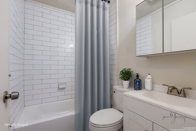 full bathroom featuring toilet, shower / bath combo, and vanity