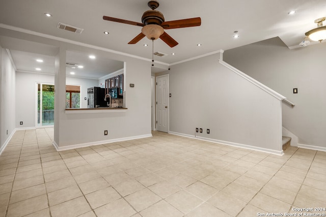 unfurnished living room with light tile patterned flooring, ceiling fan, and crown molding