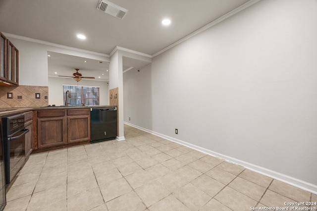 kitchen with black appliances, ornamental molding, ceiling fan, light tile patterned floors, and backsplash