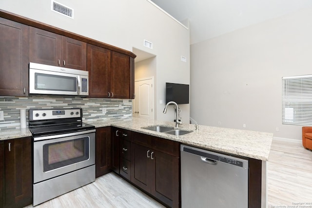 1403 S Young, Rockport, TX 78382 - kitchen with appliances with stainless steel finishes, a sink, a peninsula, a towering ceiling, and decorative backsplash