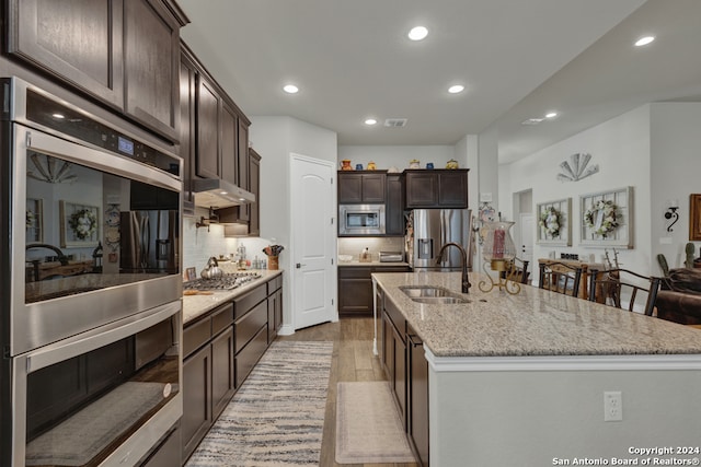 kitchen with stainless steel appliances, decorative backsplash, sink, an island with sink, and light wood-type flooring