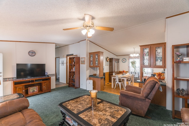 carpeted living room featuring ceiling fan with notable chandelier, lofted ceiling, and a textured ceiling