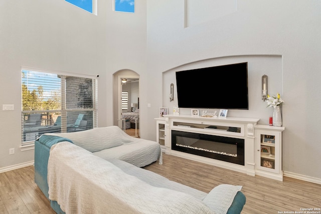 living room featuring a high ceiling and light hardwood / wood-style floors