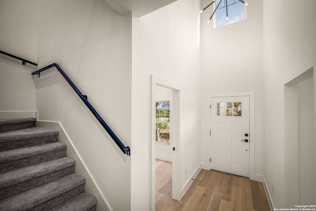 entrance foyer featuring a towering ceiling and light hardwood / wood-style flooring