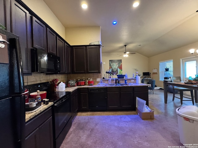 kitchen with black appliances, backsplash, vaulted ceiling, and ceiling fan