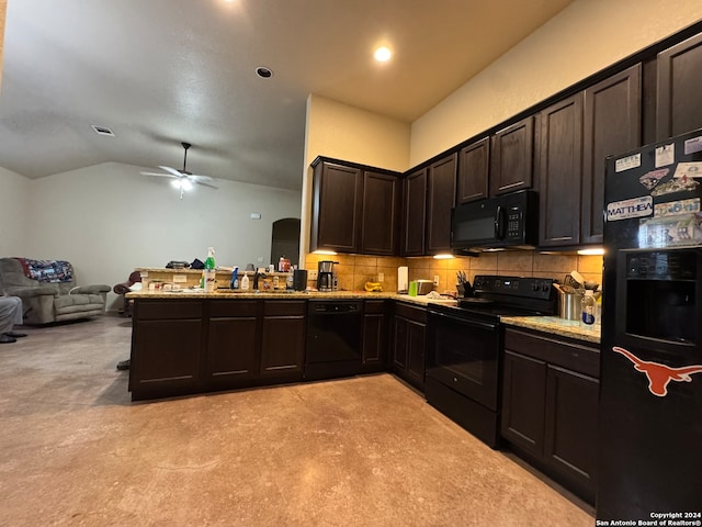 kitchen with black appliances, dark brown cabinetry, decorative backsplash, light colored carpet, and ceiling fan