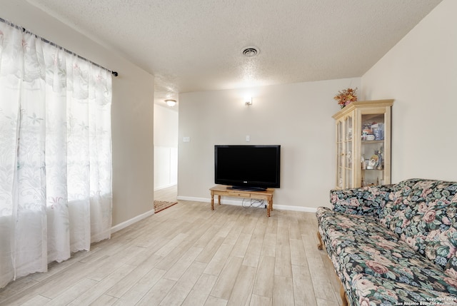 living room featuring light hardwood / wood-style floors and a textured ceiling