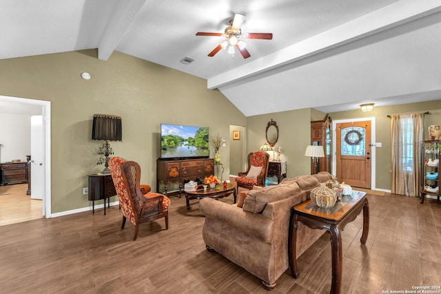 living room with wood-type flooring, vaulted ceiling with beams, and ceiling fan