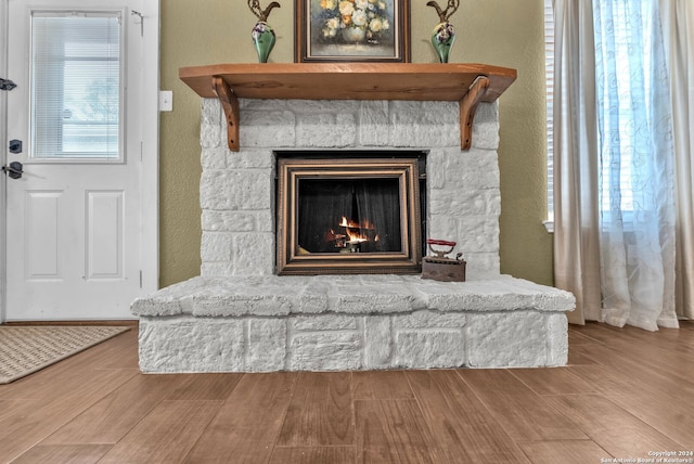 room details featuring a fireplace and wood-type flooring