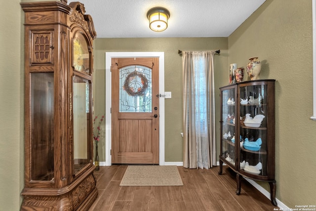 entryway featuring a textured ceiling and hardwood / wood-style flooring