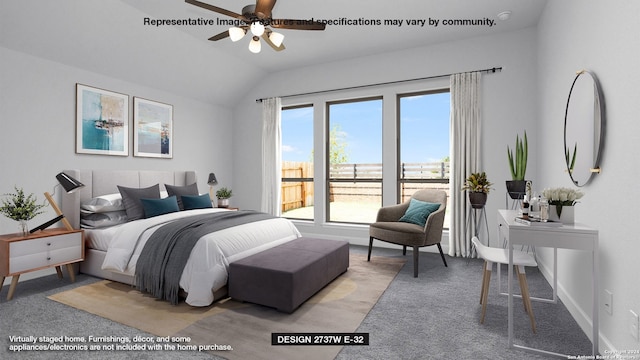 bedroom featuring ceiling fan, vaulted ceiling, and light colored carpet