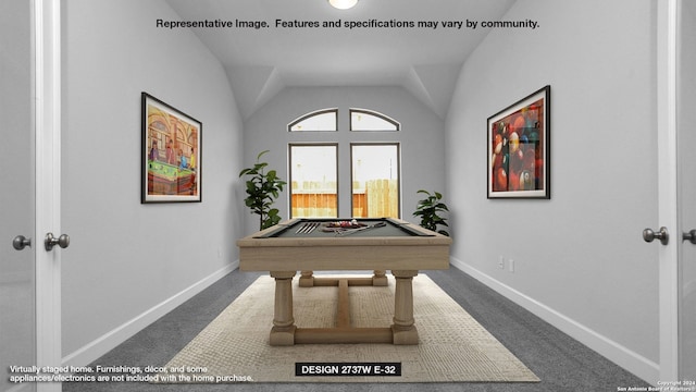 playroom with pool table, vaulted ceiling, and dark carpet